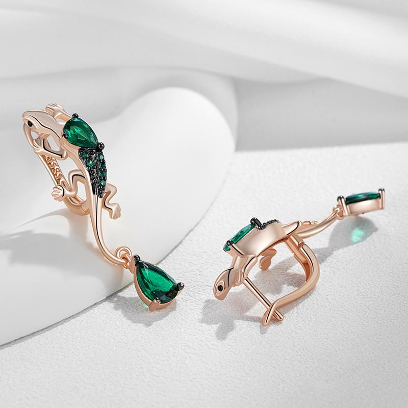 Green Natural Zircon Lizard Drop Earrings For Women Rose Gold And Black Plating Vintage Animal Daily Punk Jewelry