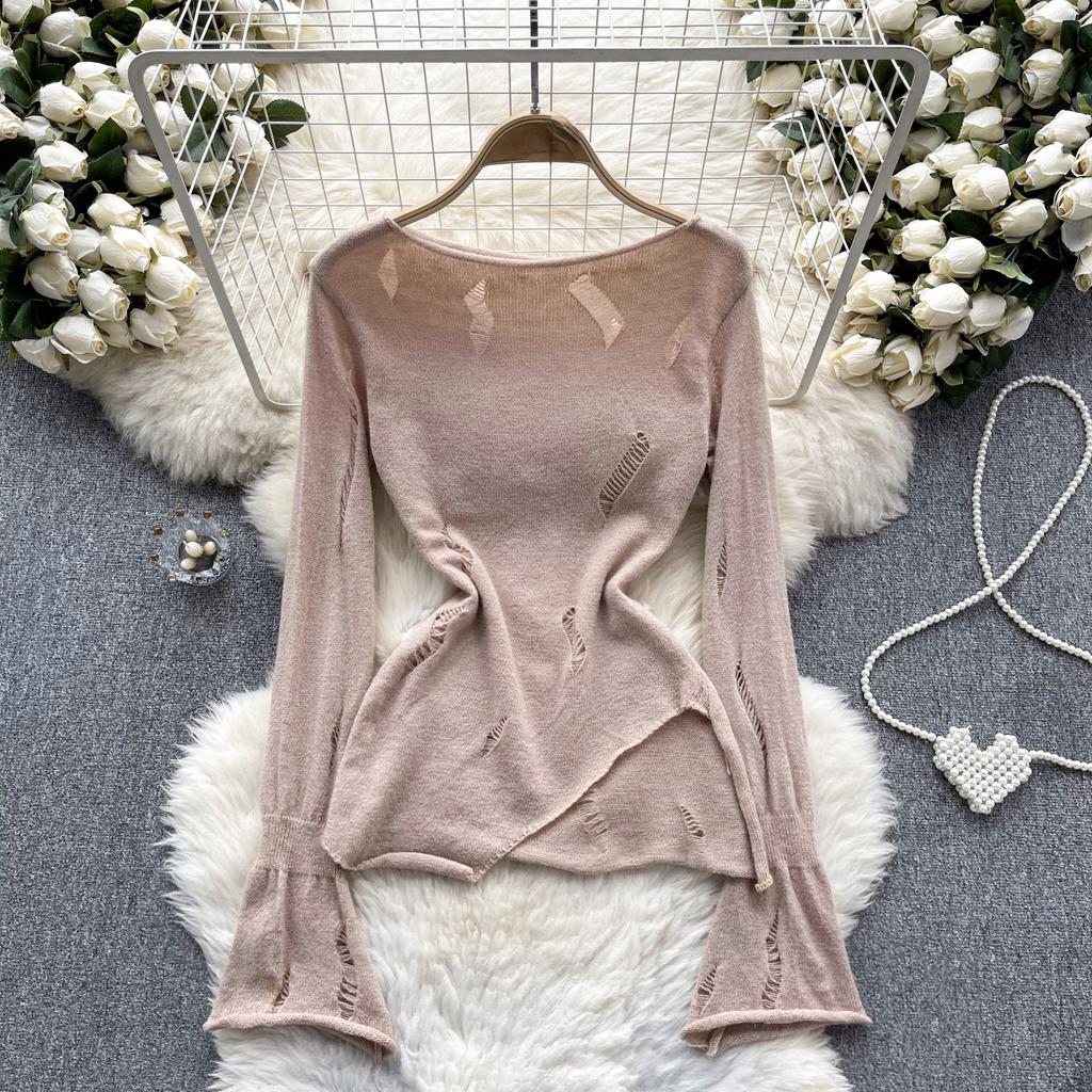 Ležérní pletený svetr Pure Desire pro ženy s dutým vintage designem, nepravidelný svetr, elegantní dámská móda s dlouhým rukávem, podkladová košile