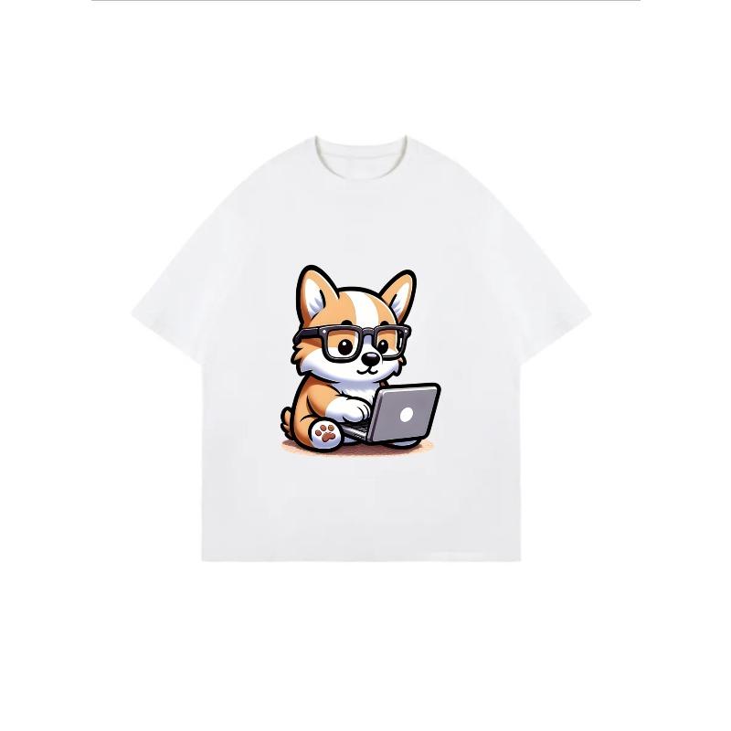 Niedliches weißes Oversize-T-Shirt mit Corgi-Hund-Print, Brille und Laptop – perfekt für Freizeit und Alltag
