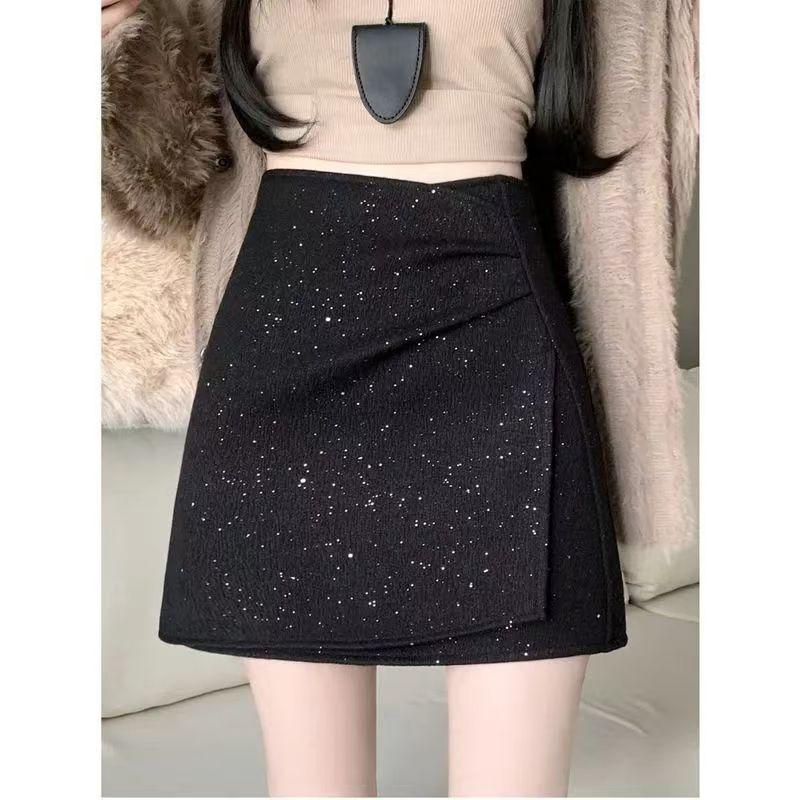 Irregular Sequins High-Waist Black Bodycon Woolen Mini Skirt for Women - Autumn/Winter 2025 Collection