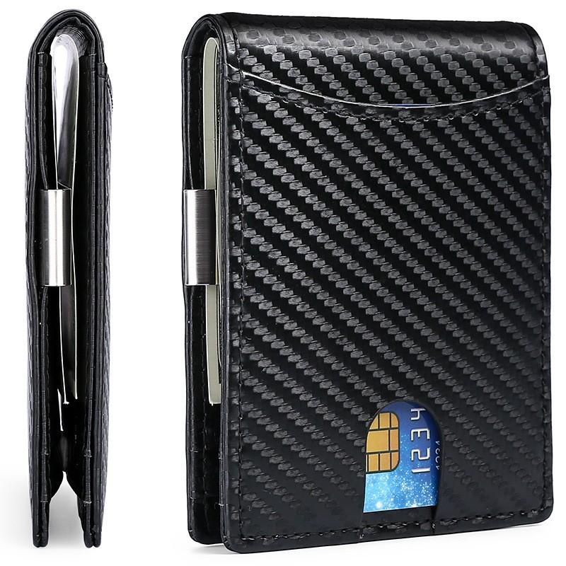 RFID Anti-magnetic Carbon Fiber Pattern Leather Wallet Men's Metal Dollar Wallet Anti-theft Brush Wallet