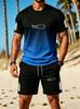 Men's Casual Sportswear Set, Gradient Color Block T-Shirt + Elastic Drawstring Shorts, 2pcs Set with Fun Battery Level Parody Print