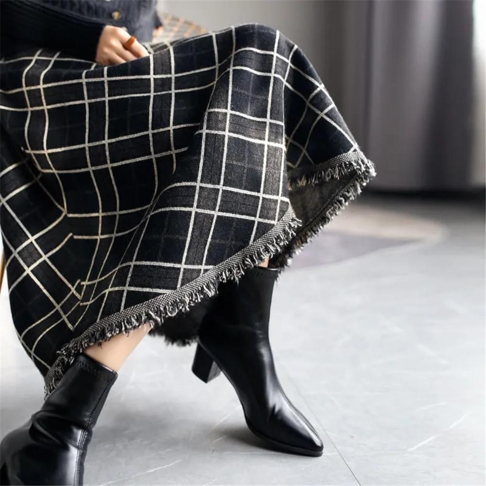 Winter Knitted Tassel A-Line Long Skirts C Printing Plaid Skirt Female Autumn Elastic Waist High Waist Warm Skirt Elegant Office Lady Saia