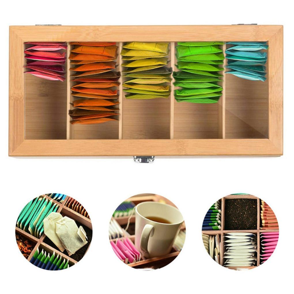 Wooden Tea Box Storage Organizer With Lid 5 Compartments Tea Bag Holder Tea And Coffee Station