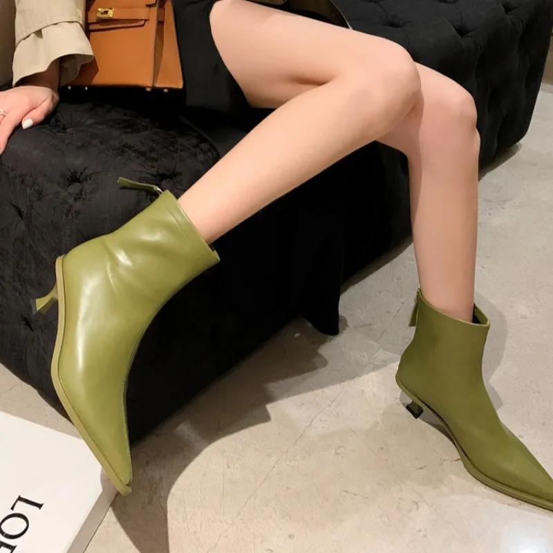 Fashion New Pointed 5.5cm Slim Heel Cowhide Back Zipper Short Boots European American Slimming Ladies' Temperament Ankle Boot Sizes34-43