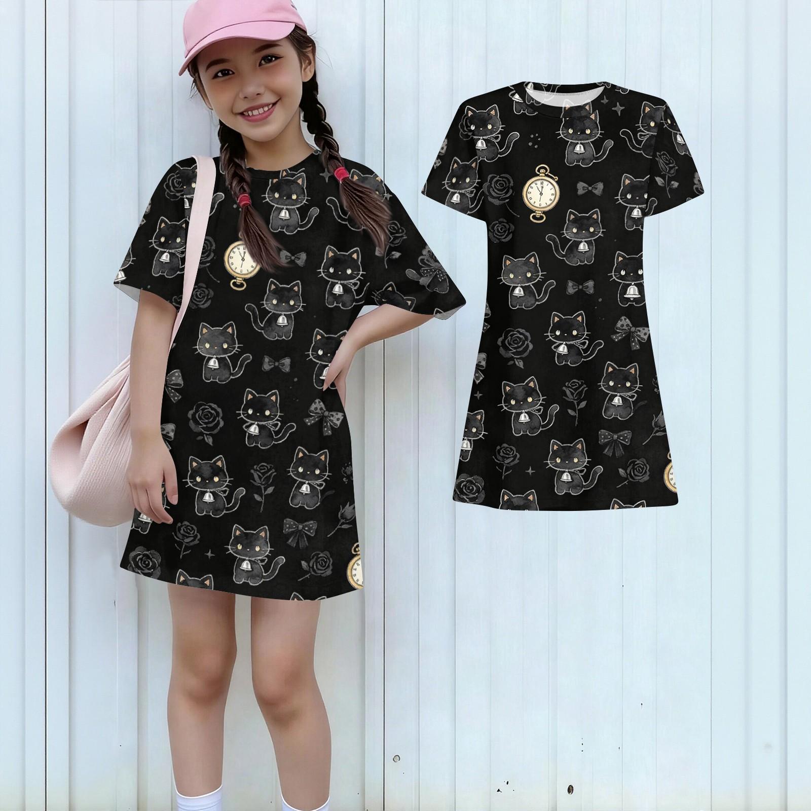 

Girls Loose Fit Short Sleeve Dress Kids Casual Round Neck Lightweight Animal Print Summer Dress for Children Comfortable Daily Wear 100 чёрный