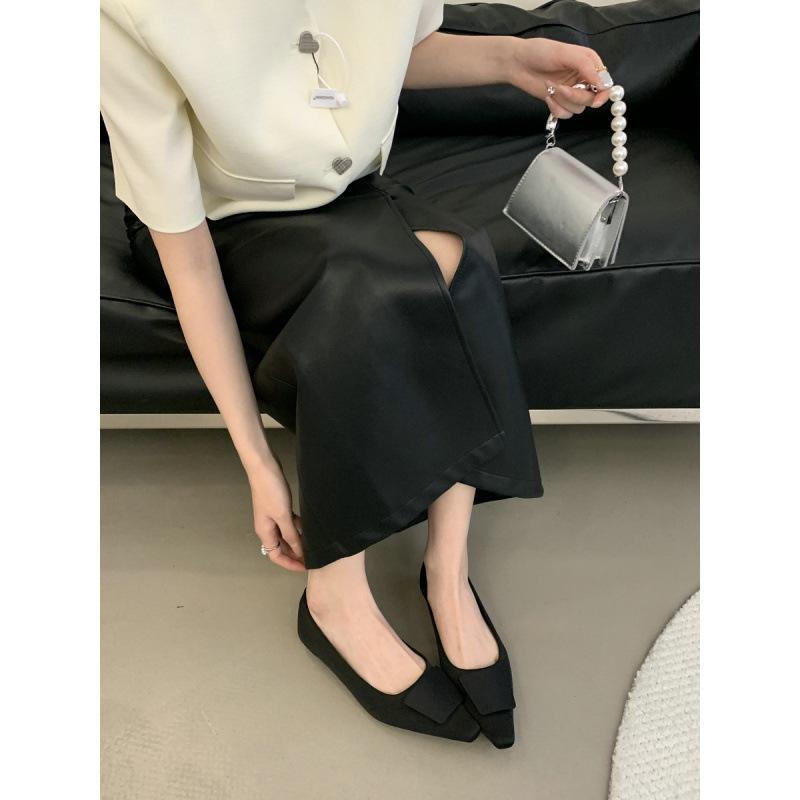 2025 Spring and Autumn New Fashion Versatile Satin Square Head Low Heel Shoes with Skirt Square Buckle Commuter Shoes Women