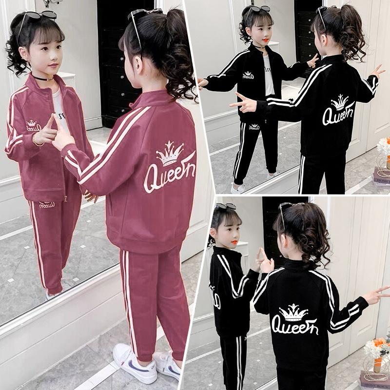 Frühling Kinder Mädchen 2-teiliges Bekleidungsset Lockerer Buchstaben Cartoon Reißverschlussjacke für Junior-Mädchen Lässige Trainingshose Passende Outfits