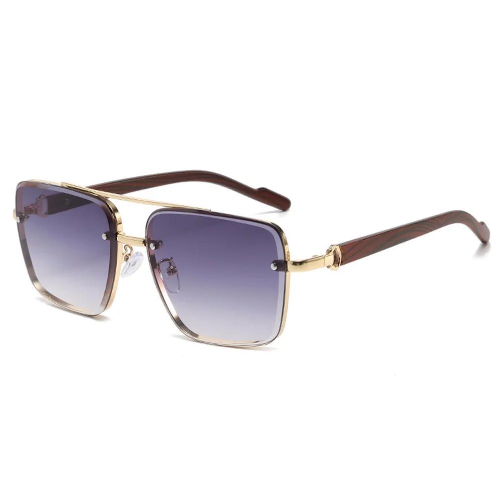Double Bridge Metal Sunglasses Wood Grain Temple Gradient Lenses Summer Shades Square Frame Men's Driving Sun Glasses Unisex