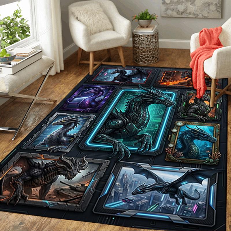 Cyberpunk Dragon Compilation Pattern Rug Floor Mat for Living Room or Bedroom Soft and Comfortable Carpet a Gift for Birthday and Holiday.