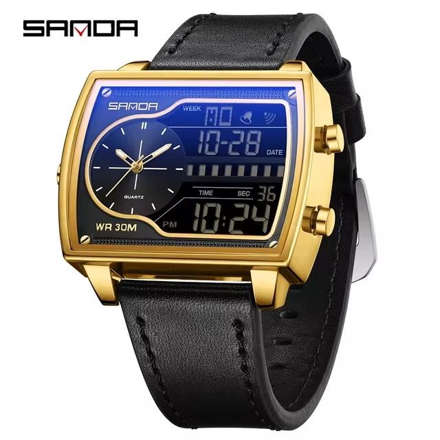 SANDA 6163 Digital Analog Men Watch Square Case Dual Display Steel Leather Silicone Strap Multifunction Sport Business Watch