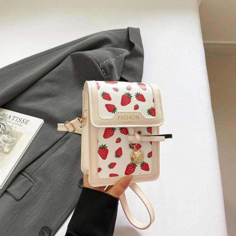 Light Blue Cherry Print Mini Crossbody Bag Cute PU Leather Phone Bag With Cherry Charm Daily Shopping Fashion Purse