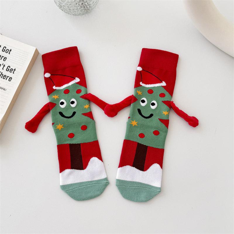 Cross-Border Explosive Christmas Hand-Holding Socks For Girls Cute Couple Hand-Holding Socks Season Cotton Socks Magnetic Versatile Mid-Leg Socks One size fits all 36-43 зелёный
