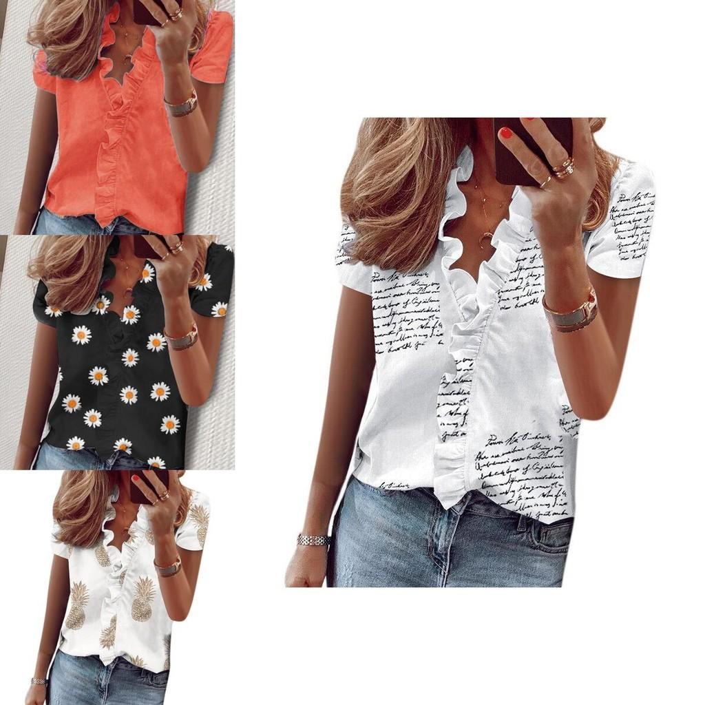 T-shirt da donna alla moda con scollo a V, maniche corte a balze e stampa floreale margherita alla moda