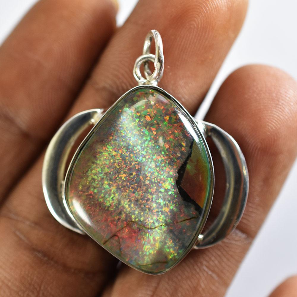 Natural Opal Pendant Multi-Color Fancy 35 ct 925 Sterling Silver October Birthday Birthstone