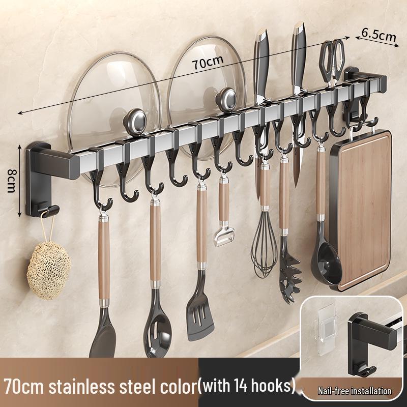 Black Traceless Adhesive Kitchen Storage Rack: Punch-Free Wall-Mounted Pot Lid, Knife Holder, Multi-Functional Hooks