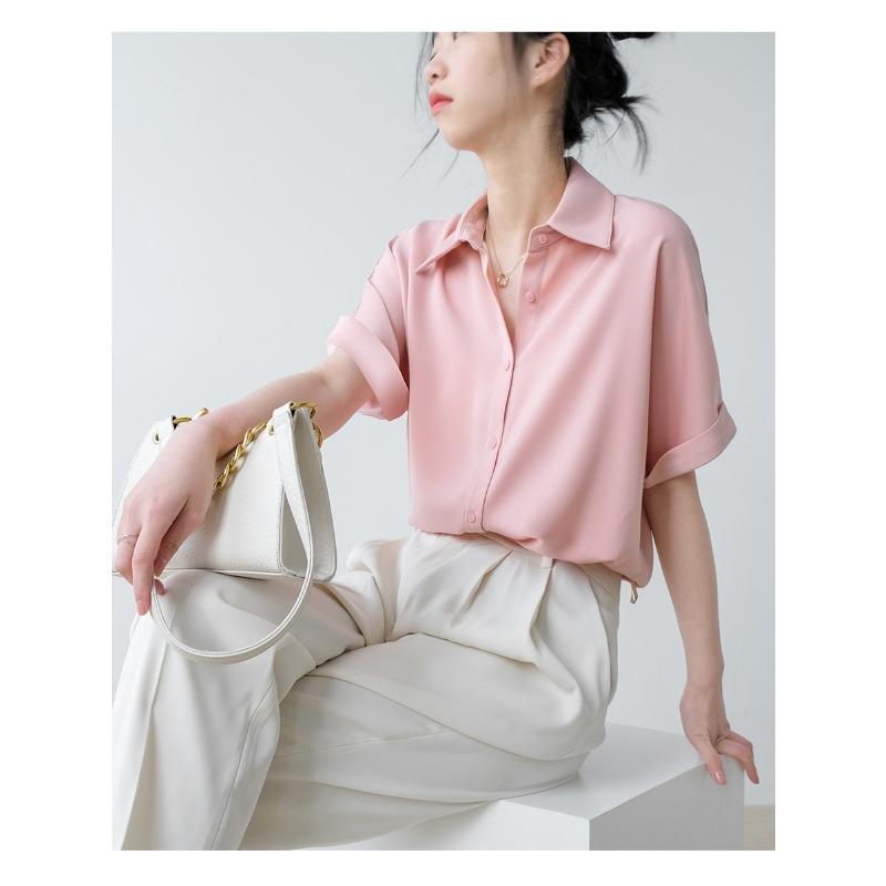 Summer Thin Satin Drape Short-sleeved Shirt Female Small Loose Versatile Design Blouse Tops