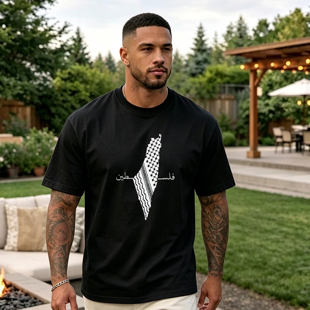 Palestine Keffiyeh Map Arabic Calligraphy Print Cotton T Shirt Men Heritage Patriotic Casual Graphic Tees Summer Men Clothing