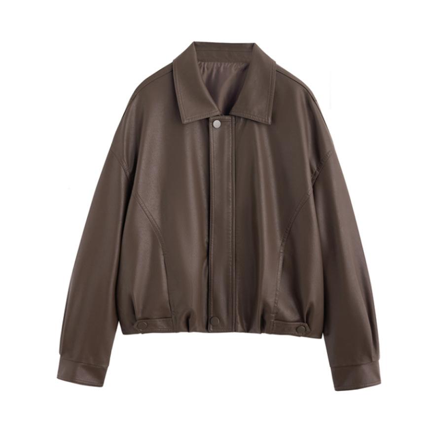Lapel short leather jacket women's spring and autumn new loose locomotive clothing casual retro PU leather jacket top