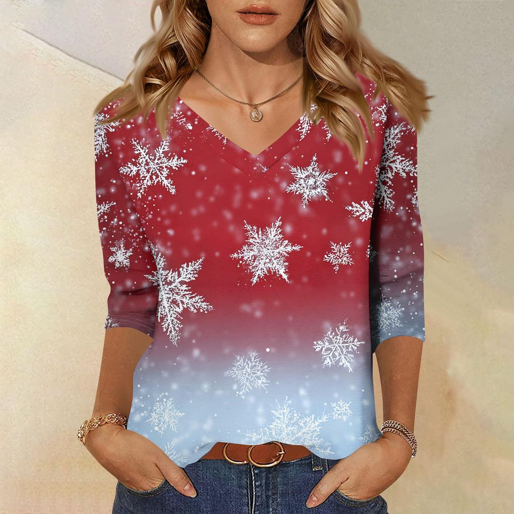 Women's T Shirt CHristmas Print 3/4 Sleeve Daily Weekend Fashion Basic V- Neck Regular Top