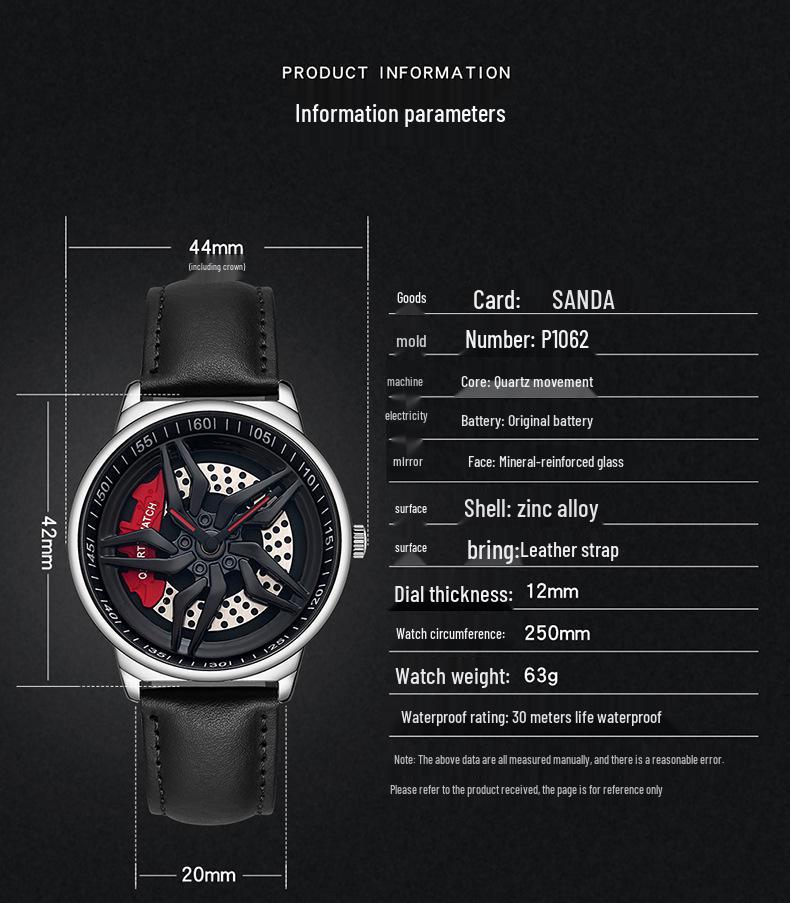 Sanda Cool Wheel Men's Skeleton Dial Leather Strap Waterproof Quartz Watch