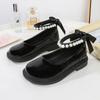 Black Shoes for Girl Back Bow Ankle Strap Sweet Children Leather Shoes Round Toe Beading Glossy Fashion Kid Autumn School Shoes