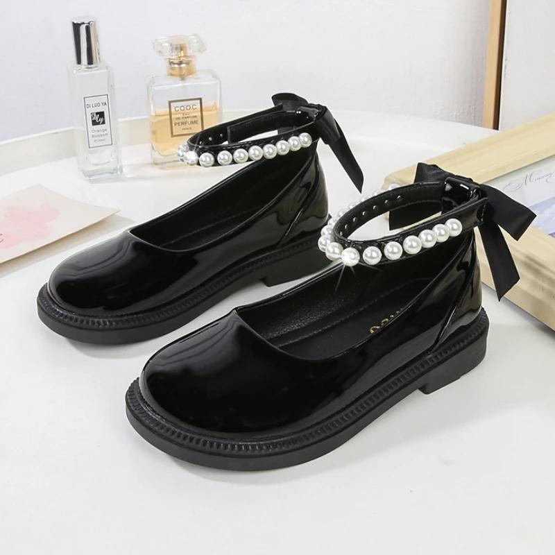 Black Shoes for Girl Back Bow Ankle Strap Sweet Children Leather Shoes Round Toe Beading Glossy Fashion Kid Autumn School Shoes