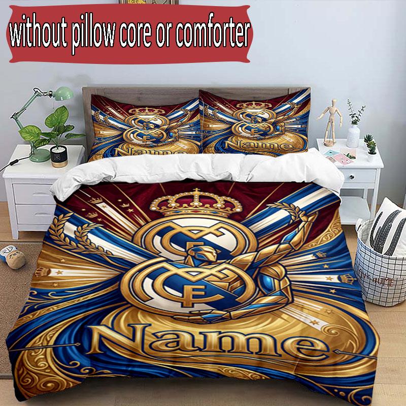 3pcs Duvet Cover Set (1*Duvet Cover + 2*Pillowcase, Without Core), Custom Name Real Madrid CF Pattern Bedding Set, Home Bedroom Decor Gift