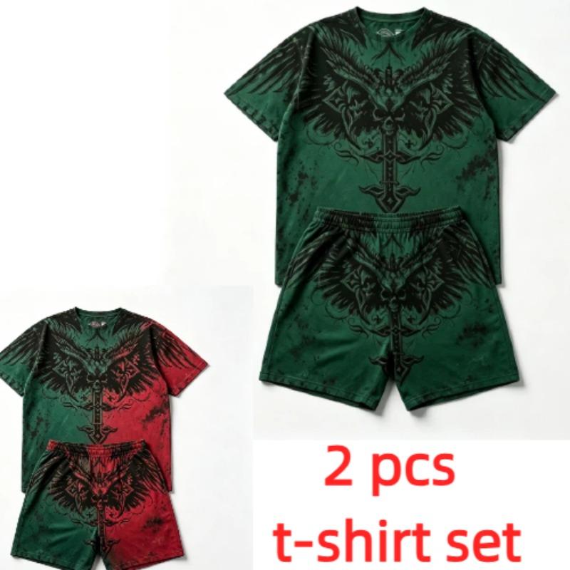 Summer Fashion Y2K Vintage Cross Skull Wings Graphic Printed Round Neck Short Sleeved T-Shirt And Shorts Set Men's and Women's T-shirt Shorts Set