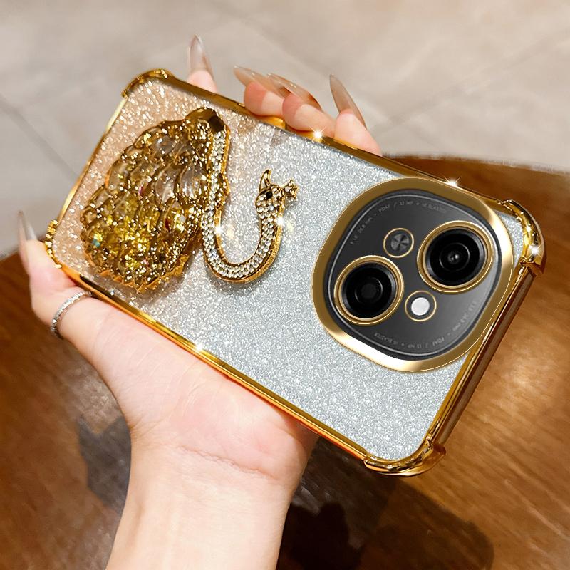 KEYSION Nárazuvzdorné pokovované TPU puzdro na telefón pre TECNO Spark Go 1 1S Go 2025 Trblietavé zdobené labuť so stojanom Zadný kryt pre Pop9 4G