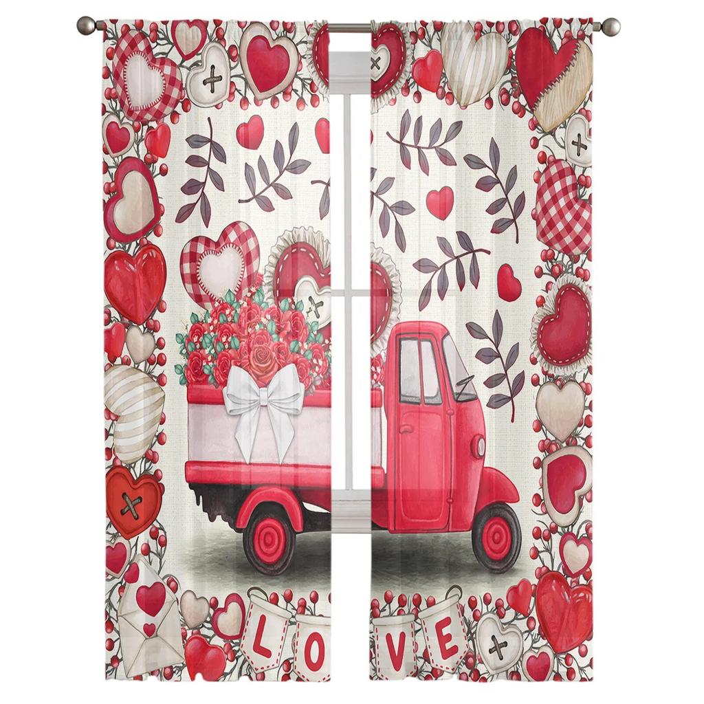 Valentinstag-Aquarell-Herzen, Auto-Tüllvorhänge für Wohnzimmer, transparenter Vorhang für Schlafzimmer, Küche, Jalousien, Voile-Vorhänge