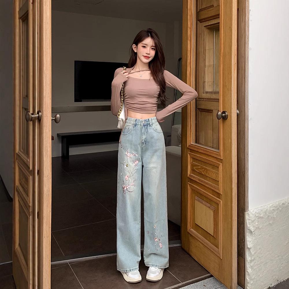 2024 European Style Floral Embroidered High Waist Wide Leg Jeans