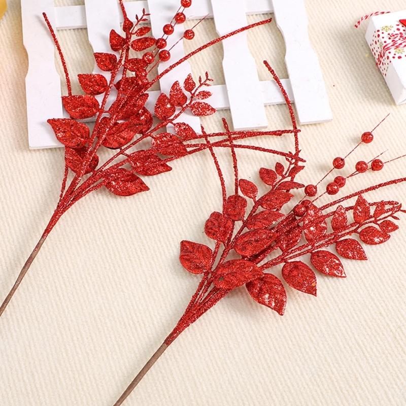 6Pcs Decorative Faux Leaves with Berries Gold Powder Coated Leaf and Berries Clusters for Creative Decoration