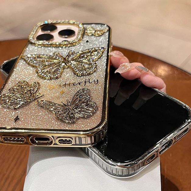 Süßes Cartoon 3D Schmetterling Diamant Hülle für Für Iphone 16 1 14 13 12 11 Pro Max Plus Glitzer Farbverlauf Beschichtung Weiche Stoßfeste Abdeckung