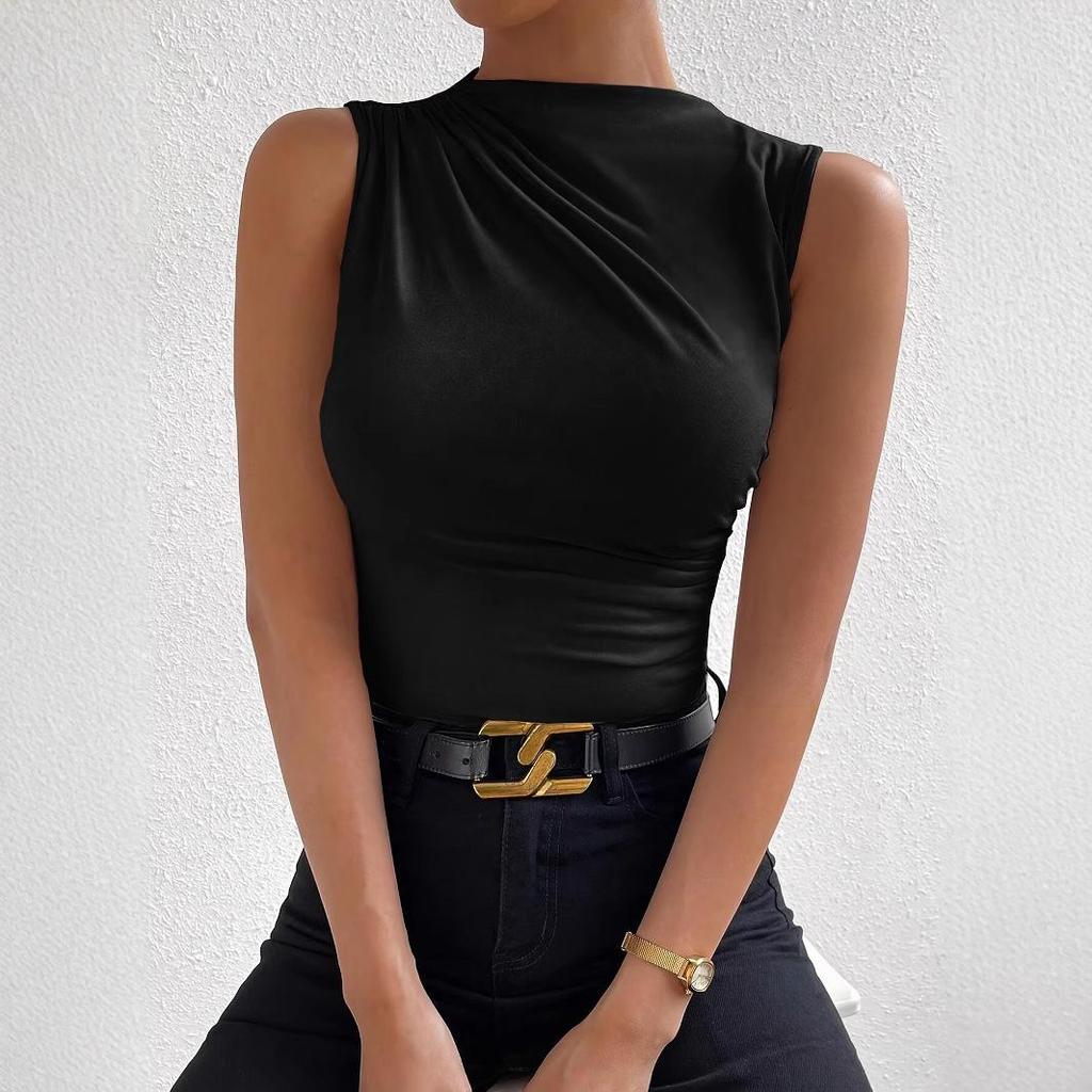 2025 Fashion Sleeveless Semi-high Neck Ruched Pullover Vest