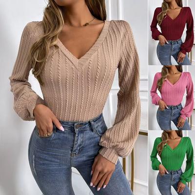 Ladies Autumn Winter Long Sleeve V Neck Solid Color Slim Fit Pullover T Shirt Top
