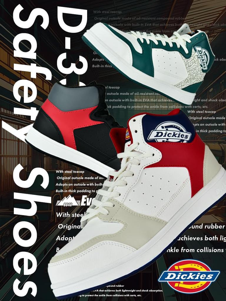 Dickies Safety Steel Toe Size D-3318 Men's Mid-Cut Sneakers, Lightweight, Shock-Absorbing, Cap, Oil-Resistant Sole, Green, 26.5cm