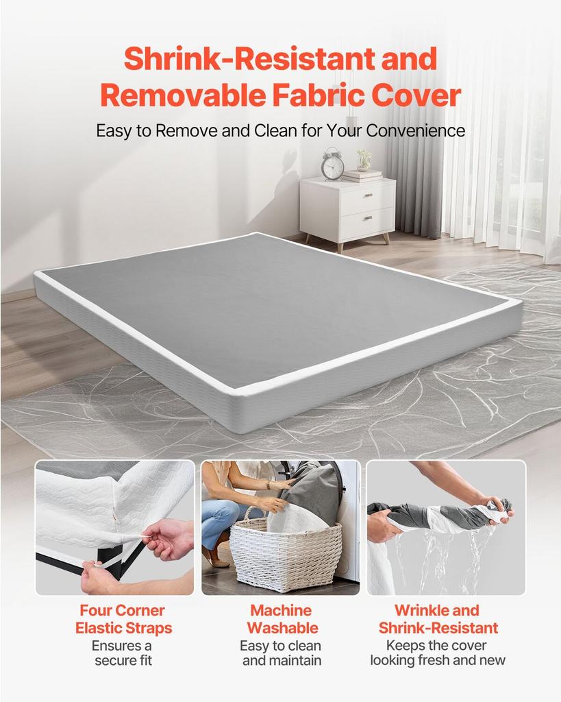 Boxspringbett, Bettgestell in Queen-Size mit waschbarem Stoffbezug, Robuster Metallrahmen für Queen-Size-Bett, 130 mm Matratzenrost, Max. Gewicht 1587,57 kg