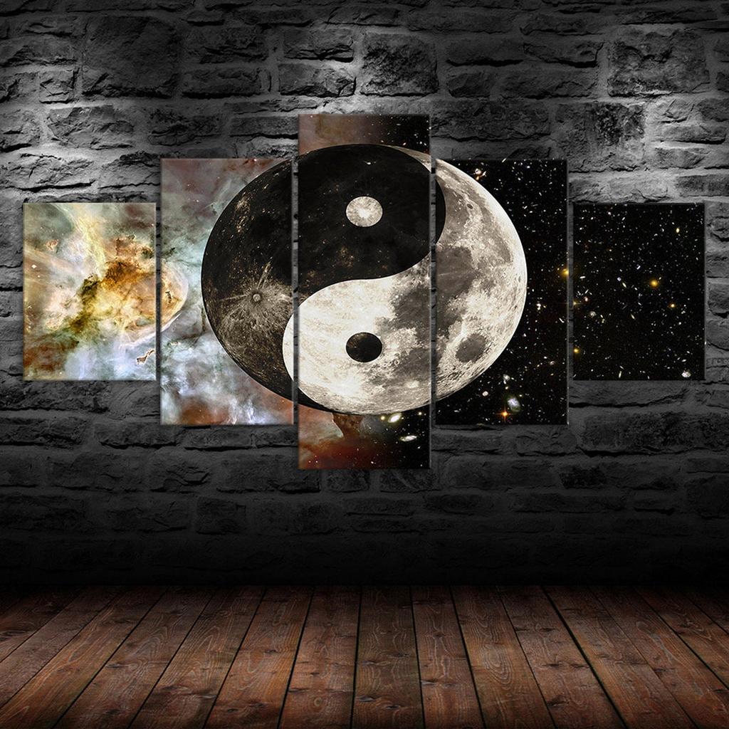 Yin Yang Cosmos Full Moon Abstract Canvas 5 Piece Five Panel Wall Print Modern Art Poster Picture Home Decor Gift For Him For Her