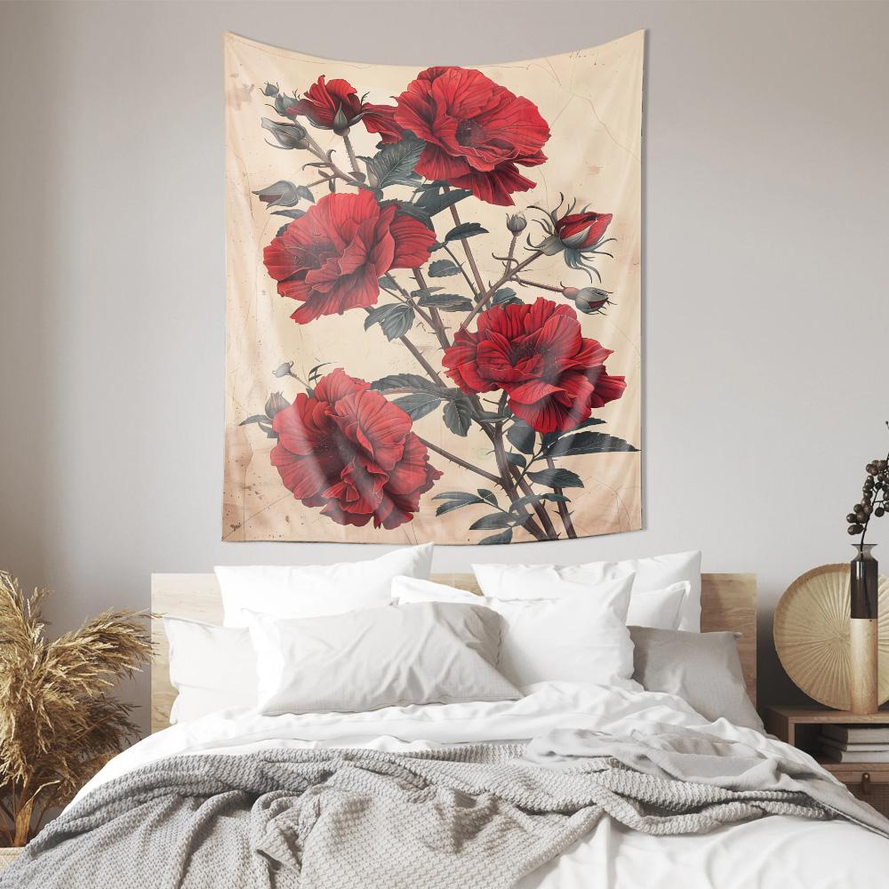 Vintage Botanical Print Red Flower Tapestry Elegant Living Room Decor Art