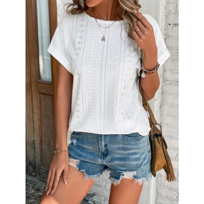 Fashion Casual Bat Short Sleeves Hollow Blouse Women O Neck Loose Summer T Shirts Female Office Tops Sweet Embroidery Solid Color Elegant Clothing