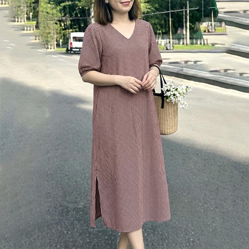 ZANZEA Women Grid Print Casual V-Neck Loose Half Sleeve Dress