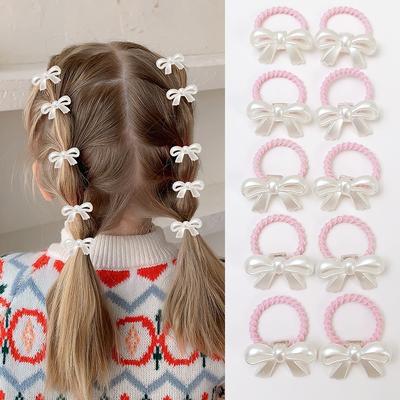 10pcs Sweet Style Imitation Pearl Bow Pink Hair Ties for Girls and Little Girls