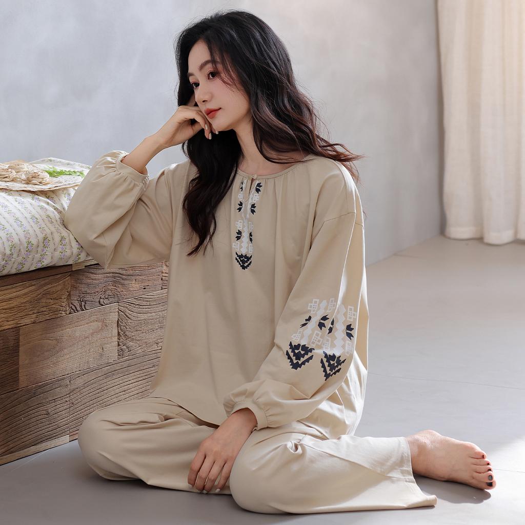 Pajamas women's spring and autumn large size pure cotton long-sleeved 1011 new high-end embroidery loose temperament loungewear set