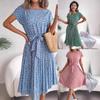 Feng Real Spring/Summer Floral Pleated Skirt with Short Sleeves - Women's European American Style