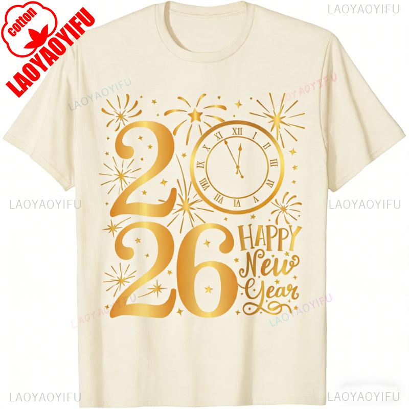 Happy New Year Party 2026 Family Matching Unisex Printed TShirt Tops High Quality Cotton Crewneck Casual Style Shortsleev