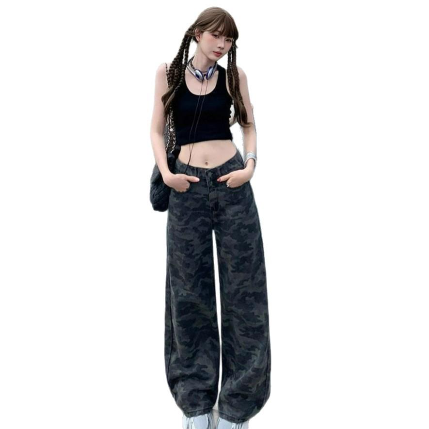 Vintage High Street Camouflage Work Jeans Wide-legged Jeans Female High-waisted Loose Skinny Straight Trousers Jeans for Women Long Denim Pants