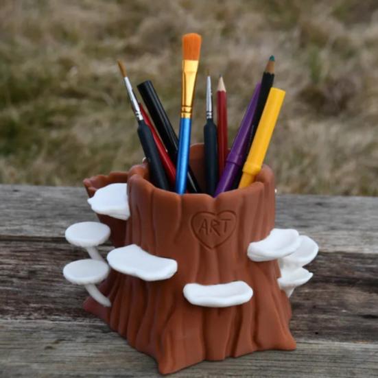 Tree Stump Palette Paint Brush Holder 3D Printed Stump Painting Brush Organizer with 12 Paint Wells Home Office Desktop Decoration