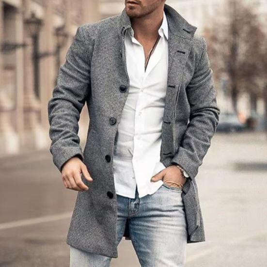 Men Overcoat Plaid Single-breasted Turndown Collar Long Sleeves Slim Mid-length Jacket Coat Streetwear