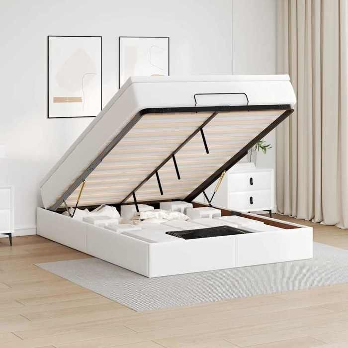 Cadre de lit ottoman - 140x190 cm - Similicuir blanc - Matelas inclus - Mécanisme de levage hydraulique